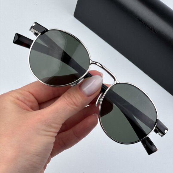 Saint Laurent SL707 001 BRAND NEW Sunglasses Silver Havana Grey Oval Unisex - Picture 1 of 13